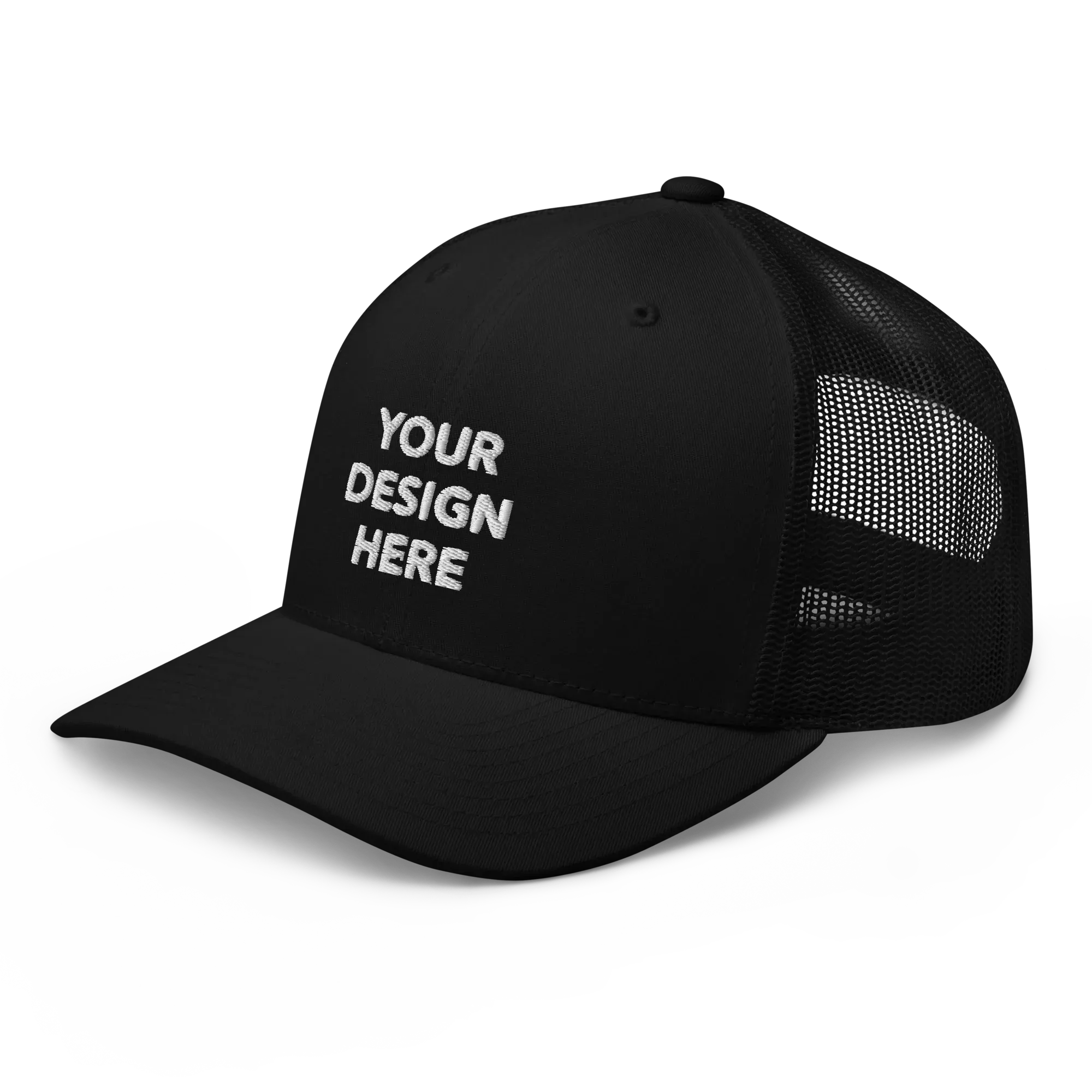 Black custom trucker hat with embroidered Your Design Here lettering