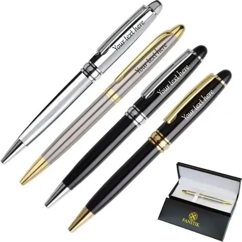 Custom promotional pens with engraved Your text here lettering