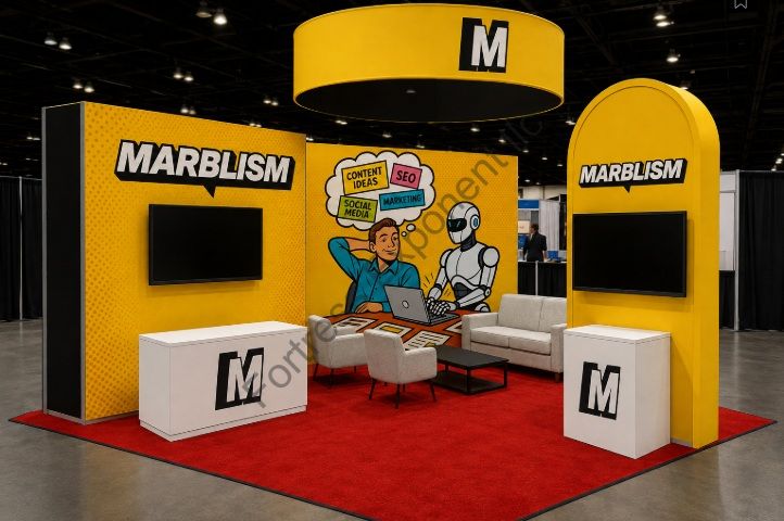 20' × 20' custom booth build with yellow walls, a hanging sign, white counters, and red carpet